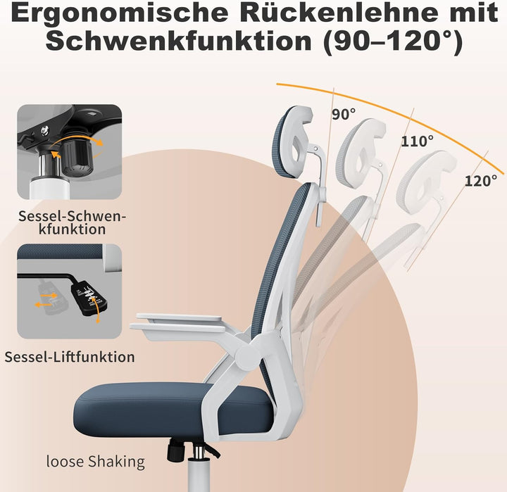 naspaluro Ergonomischer Bürostuhl, Schreibtischstuhl mit 90° Klappbaren Armlehnen, Einzigartige Lend
