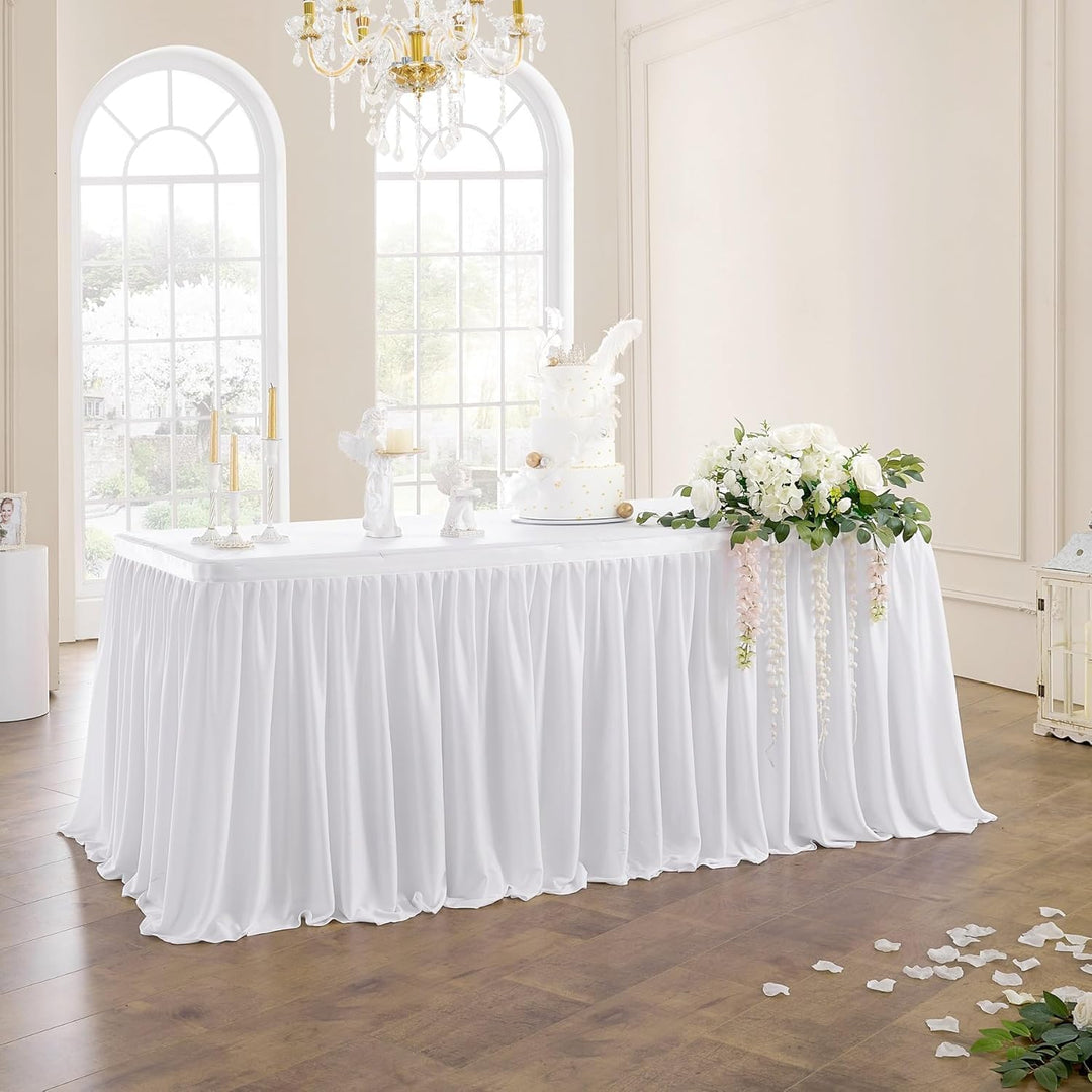 640cm White Polyester Table Skirts for Rectangle Tables, Wrinkle Free Ruffle Pleats Cloth Tutu Table