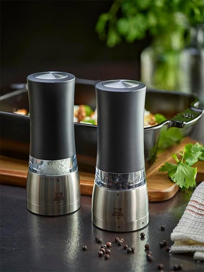 PEUGEOT - elektrische u‘Select-Pfeffer- und Salzmühlen Daman 16 cm im Set + Pfefferkörner + Steinsal
