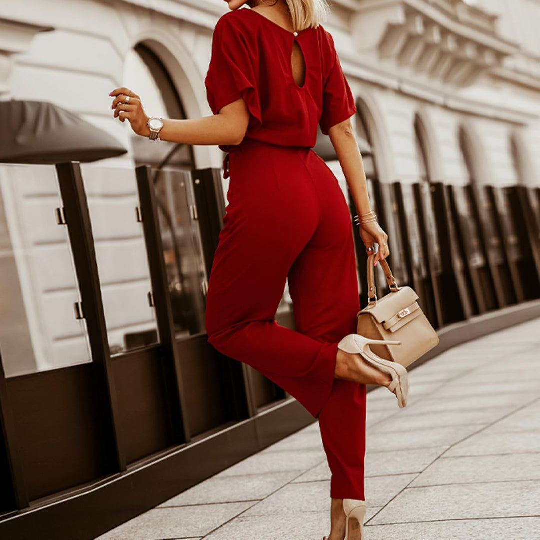 Bipily Damen Kurzarm Lang Jumpsuit Elegant Overall Jumpsuits O-Ausschnitt Playsuit Romper Hosenanzug