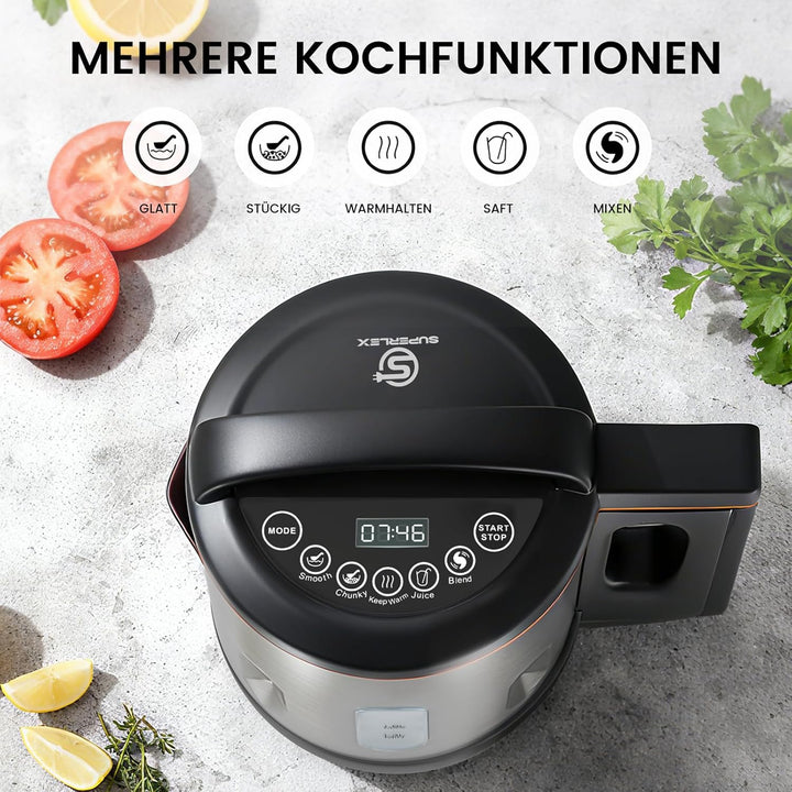 Suppenbereiter 1,6L Edelstahl 1000W Elektrischer Suppenkocher mit 4 Programmen Timer Warmhaltefunkti