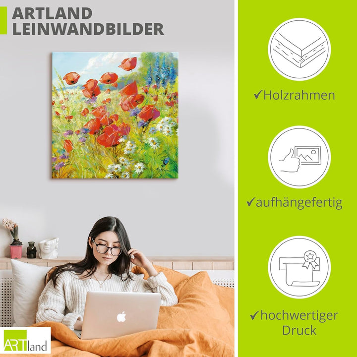 ARTland Leinwandbilder Wandbild Bild auf Leinwand 70 x 70 cm Botanik Blumenwiese Mohnblume Malerei B