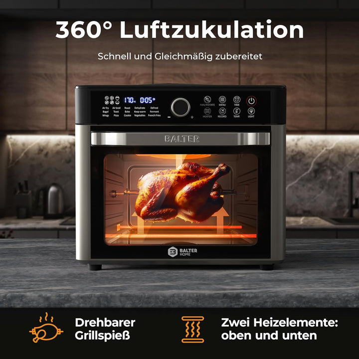 Balter Heissluftfritteuse XXL 22L Airfryer, 200 Programme, 40°-230°, Dörrautomat, 16 in 1 heissluftf