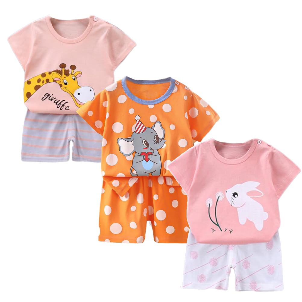 Baby Mädchen 3er Set Kurzarm Shorts T-Shirts Halbarm,6er Pack （Mit/Ohne Schulterschnalle） 6-18 Monat