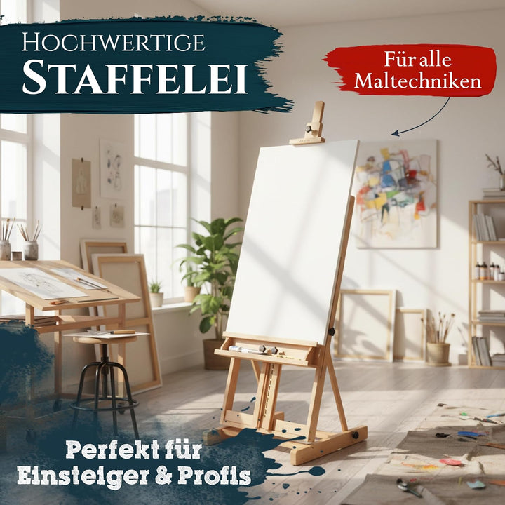 Artina Staffelei Gross - Keilrahmen bis 200cm Malstaffelei aus Massivem Buchenholz - Atelierstaffele