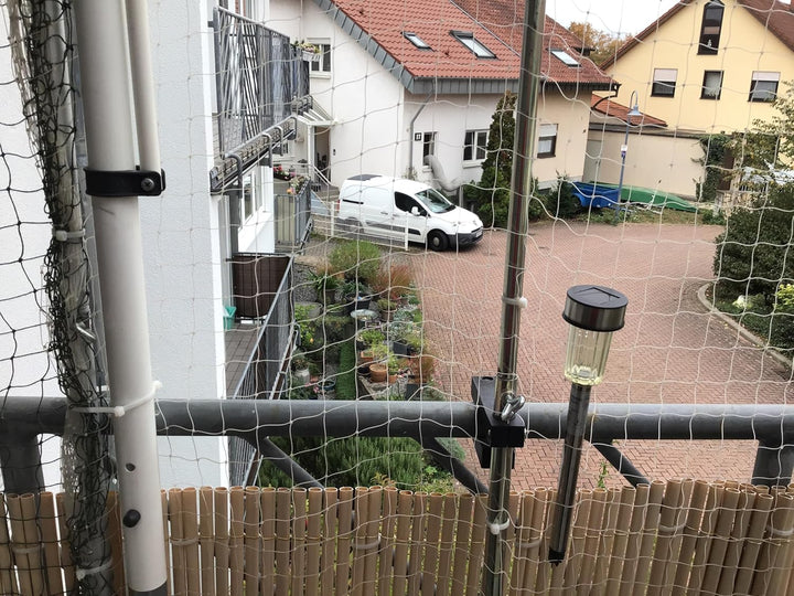Edelstahl Balkon Katzen Netzhalter für Runde Stäbe bis 38mm Ø, Spreizung bis 50mm, Silber/Schwarz, K