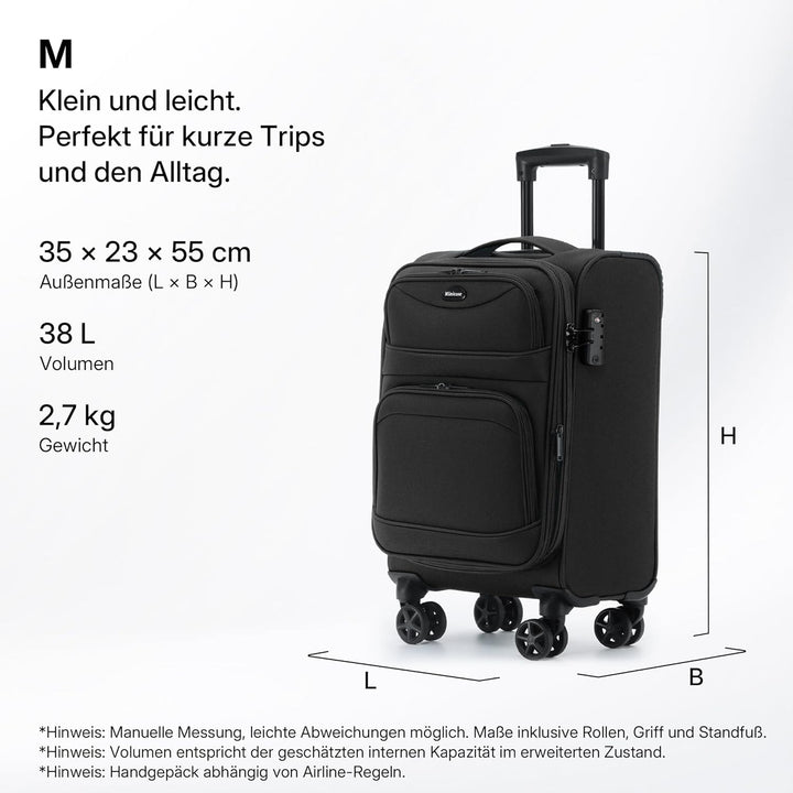 Stoffkoffer erweiterbar mit Frontfächern,15% Extra-Volumen, TSA-Schloss, 360° Doppelrollen & verdeck