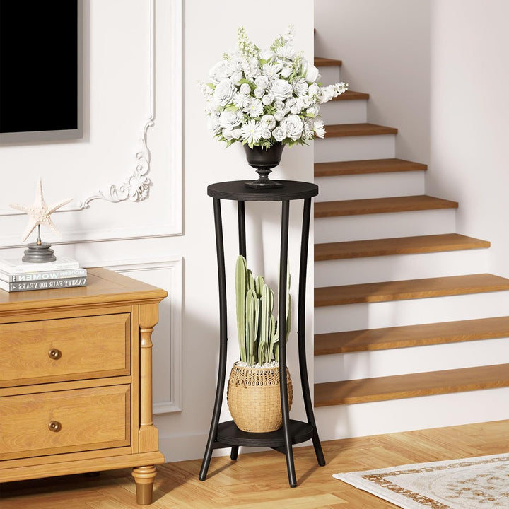 IBUYKE 2 Etagen Pflanzenregal Blumenständer, 76cm Hoch Holz Pflanzenständer, Modern Rounde Blumentop