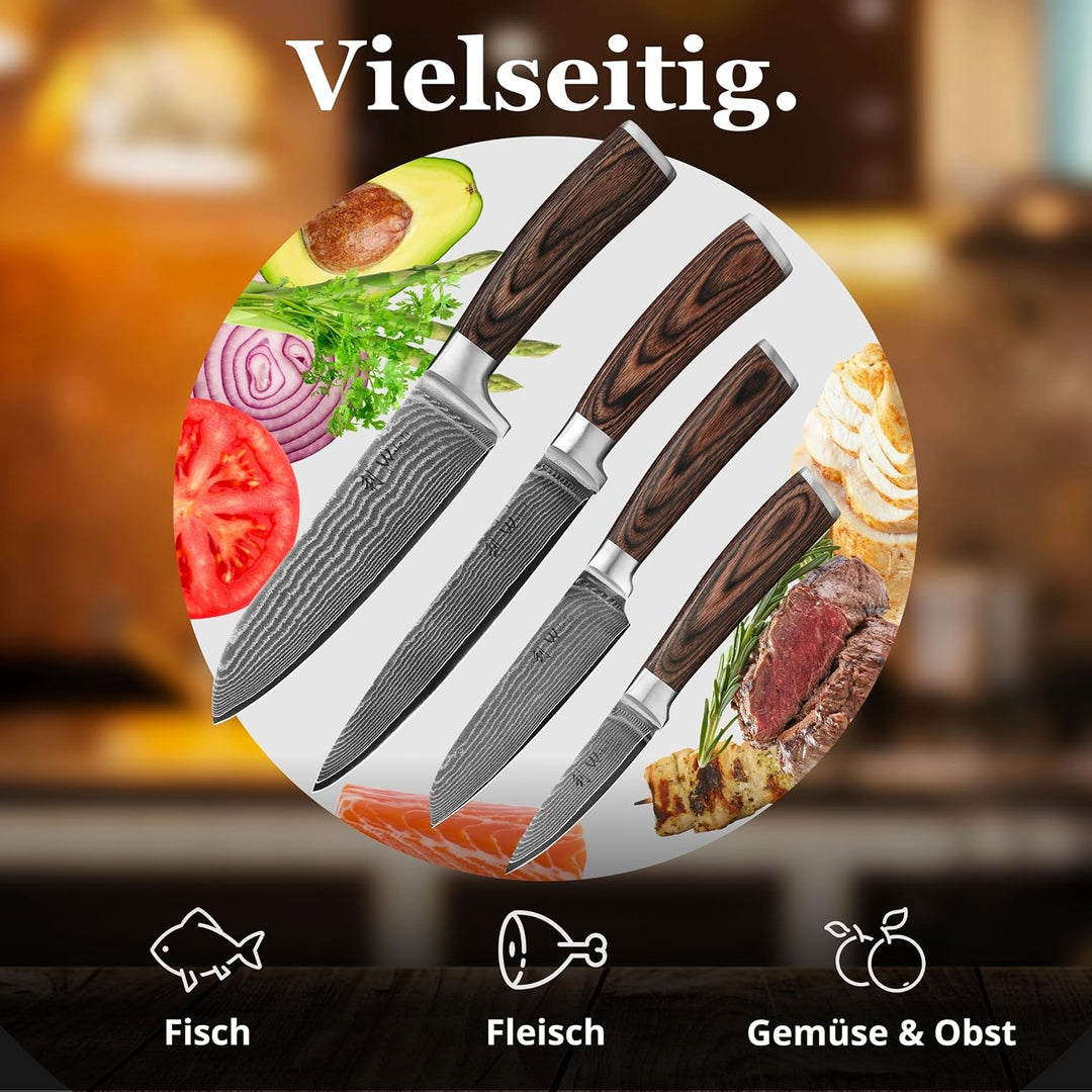Wakoli Edib 4er Damastmesser-Set mit Klingenlängen von 8,50cm bis 18,00cm extrem scharf aus 67 Lagen