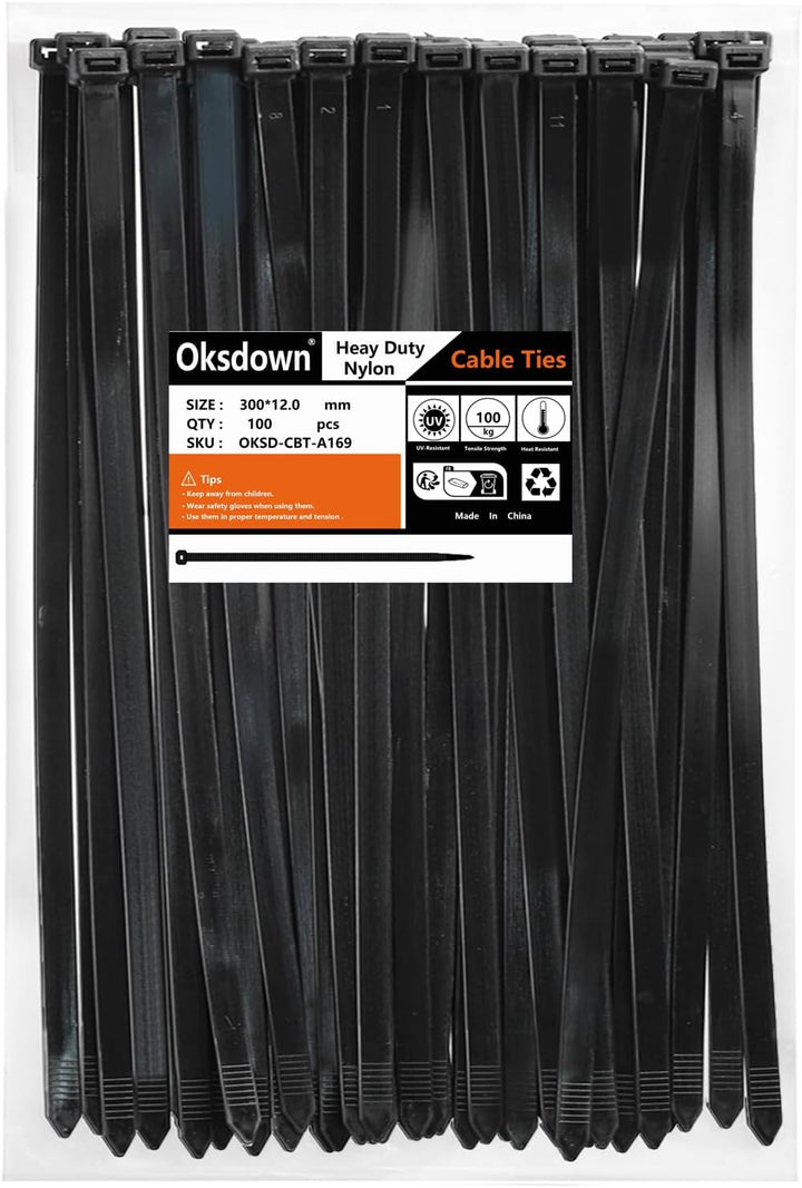 Oksdown 300mm × 12,0mm Breit 100 Stück Extra Stark Kabelbinder mit 100 kg Zugfestigkeit Schwarz UV-B