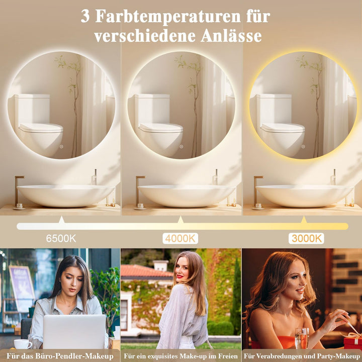 Badspiegel mit Beleuchtung - LED-Badezimmer-Spiegel-Round 50cm,Touch-Schalter,Dimmbar,3 Lichtfarben,