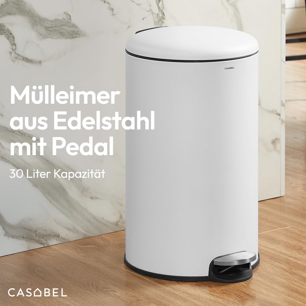 CASABEL Mülleimer Küche 30L - 100% Edelstahl, Resistent gegen Fingerabdrücke, Runder Treteimer mit F
