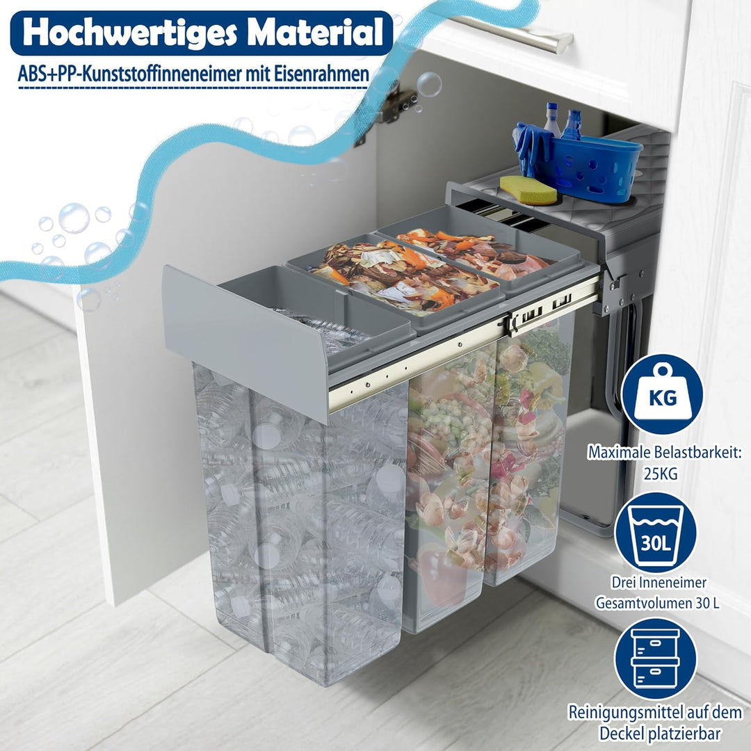 Grau 3 x 10L Einbaumülleimer Mülltrennsystem Ausziehbar Mehrfachbehälter Abfallsammler Schrankmüllei