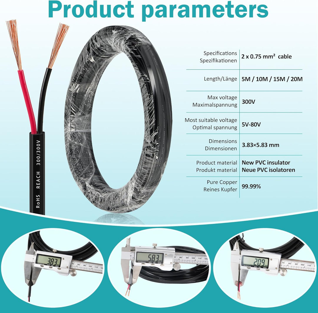 2-adriges LED-Rücklichter Verkabelung Kabel für Anhänger 12V/24V - 2x0,75mm² FLRYY Fahrzeugleitung B