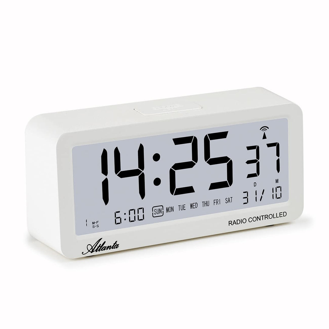 Atlanta Funkwecker Digital-Wecker LCD Snooze Licht Lautlos Ohne Ticken 3 Weckzeiten Alarme Weiss - 1
