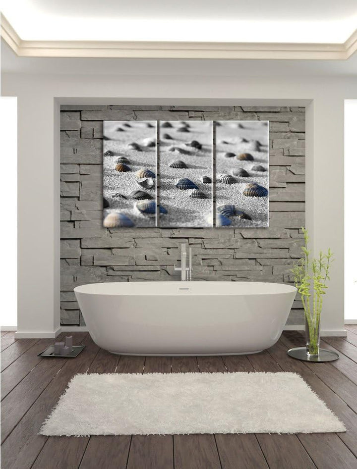 Pixxprint Muscheln im Sand als Leinwandbild | Grösse: 3 Teilig (120x80) | Wandbild| Kunstdruck | fer