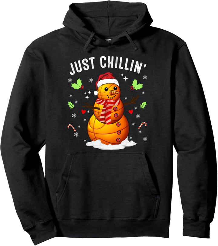 Funny Chillin' Snowman Basketball Ball Santa Hat Christmas Pullover Hoodie