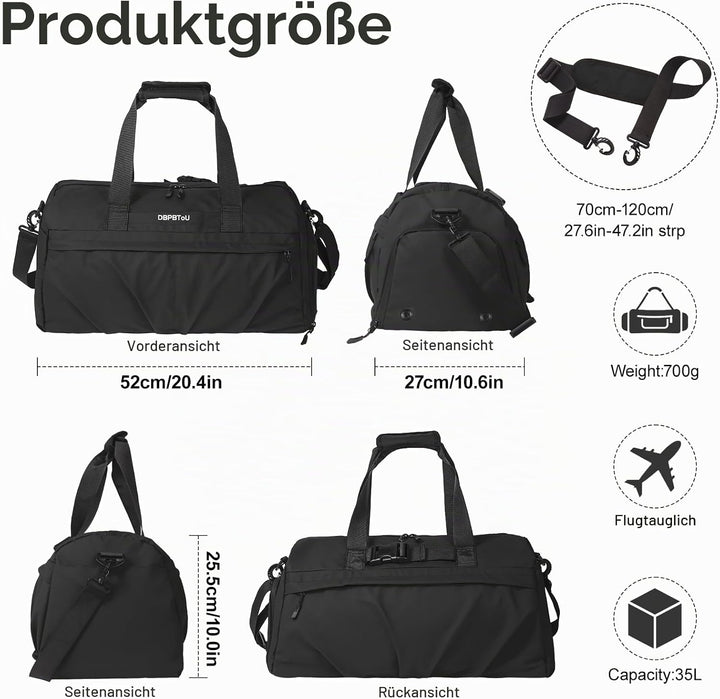 Sporttasche Damen Herren Hartes Material, Reisetasche mit Schuhfach Zwei Belüftungslöchern und Nassf