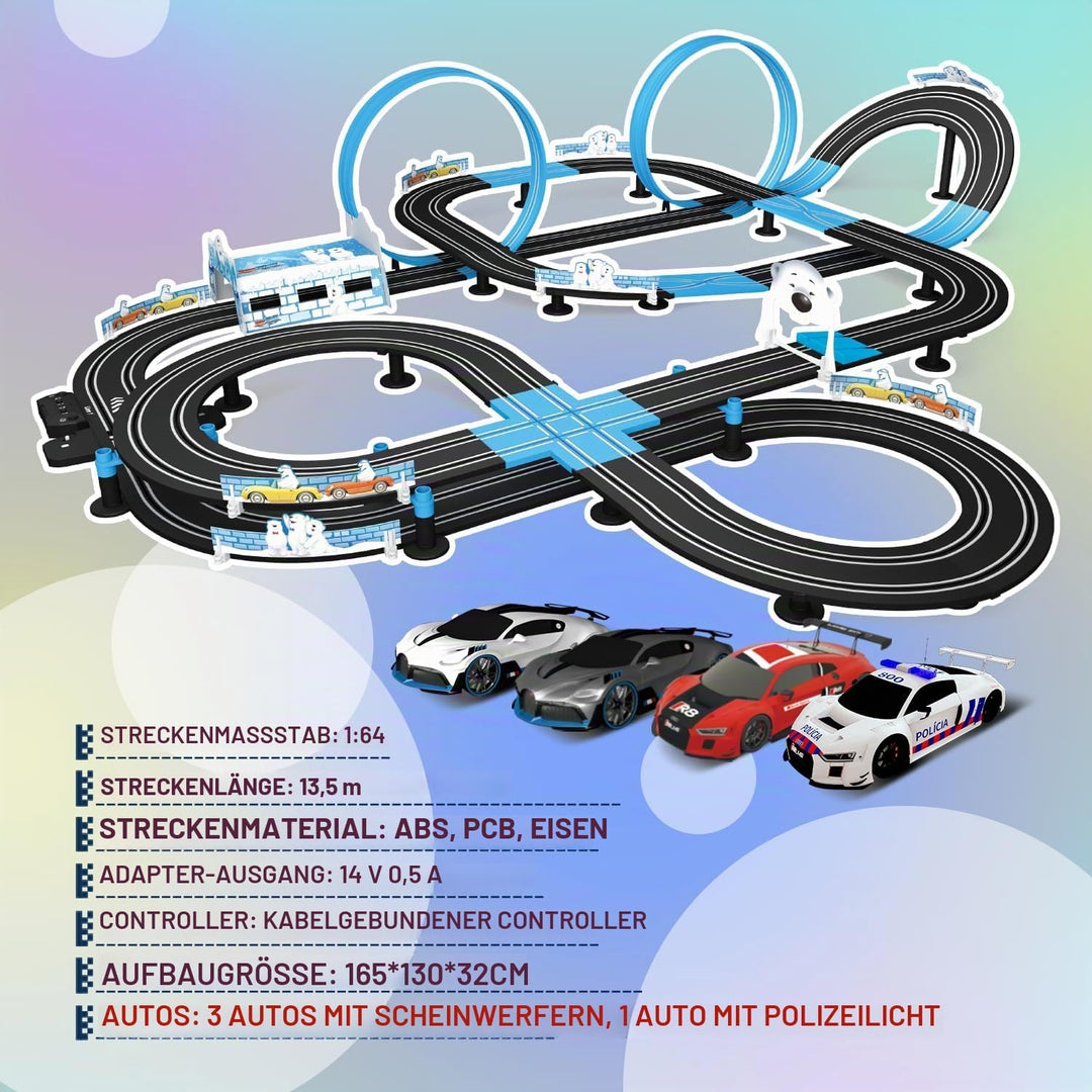 Slot Car Racing Set mit LED-Rundenanzeige, Hochgeschwindigkeit, Tankstopp, Sprachfeedback, 4 lizenzi