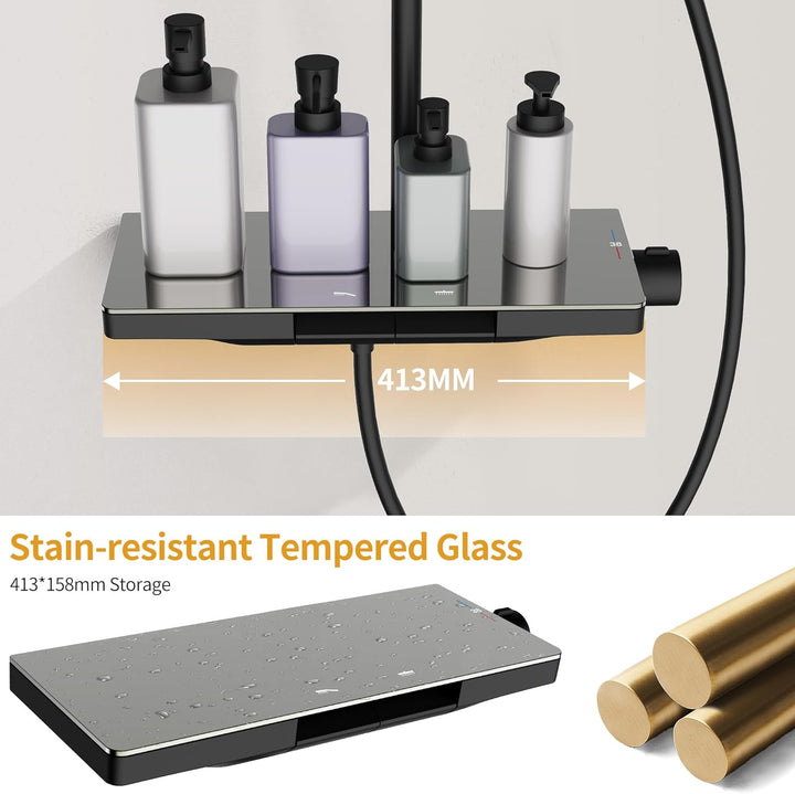 HOMELODY Duschsystem mit Thermostat Schwarz und Glasablage 40x18 CM - Duscharmatur Komplettset mit K