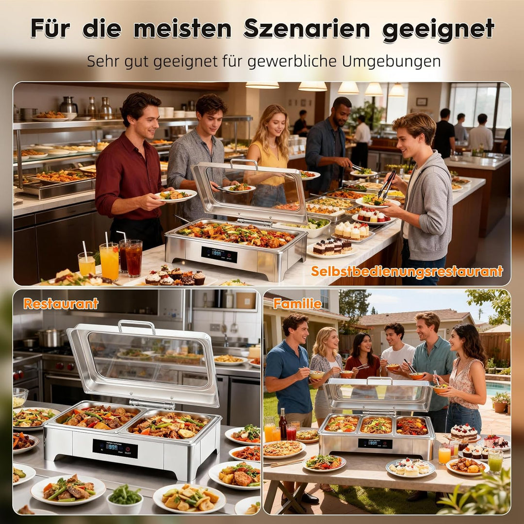 Elektrischer Chafing Dish, 9L Edelstahl Speisewärmer, Buffetwärmer Einstellbare Temperatur, Warmhalt