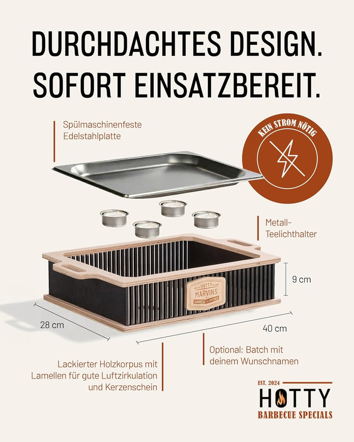 INEXTERIOR Hotty Legacy – Warmhalteplatte fürs Grillen - Grillgut Stövchen mit BBQ-Design – Speisenw