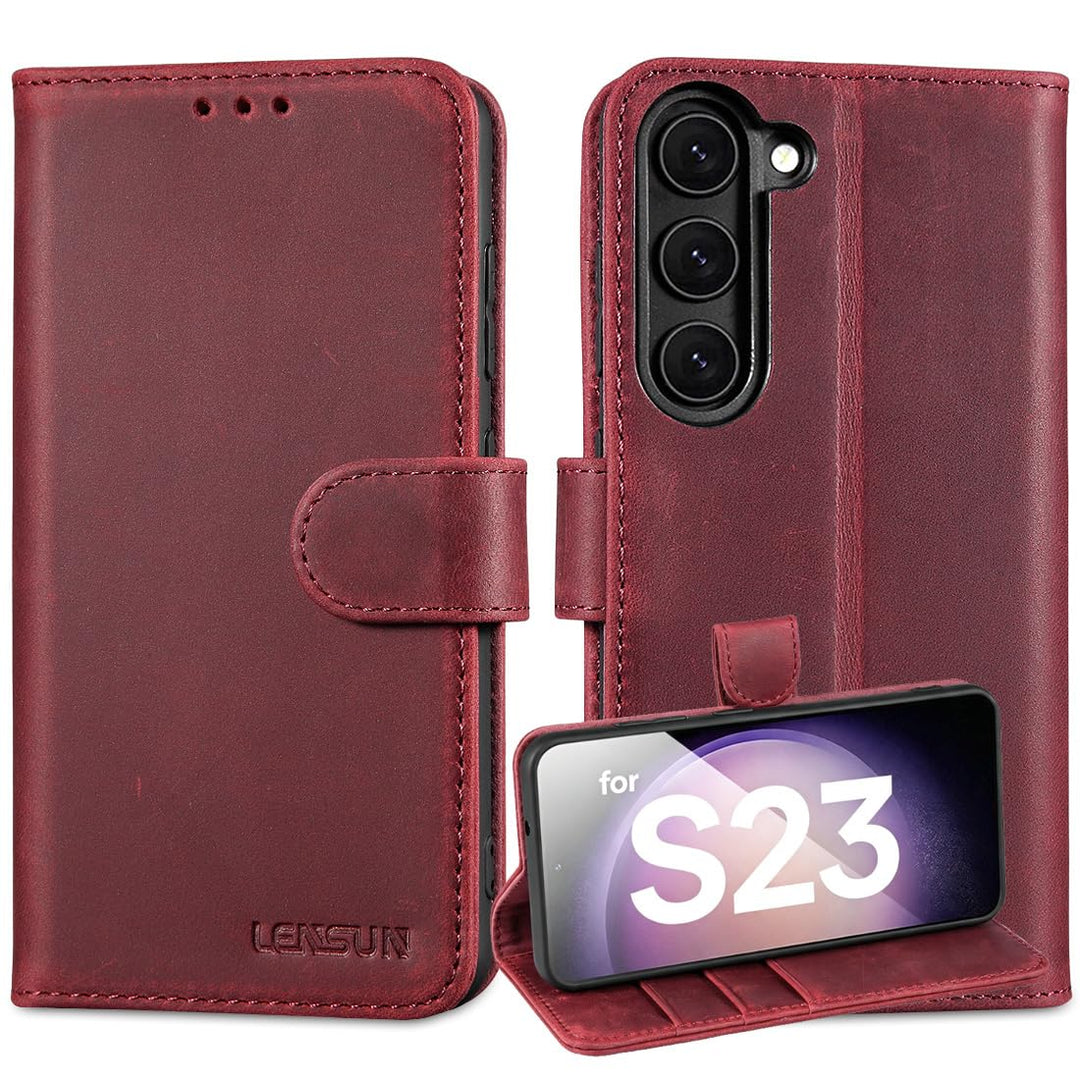 LENSUN Lederhülle für Samsung Galaxy S23, Echtleder Handyhülle [Kartenfach][Klappbar][Echtes Leder H