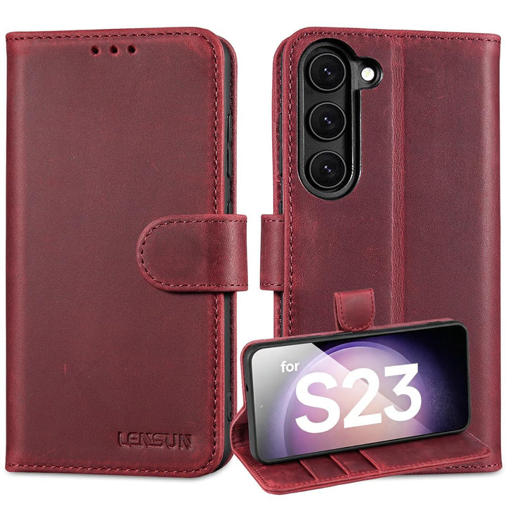 LENSUN Lederhülle für Samsung Galaxy S23, Echtleder Handyhülle [Kartenfach][Klappbar][Echtes Leder H