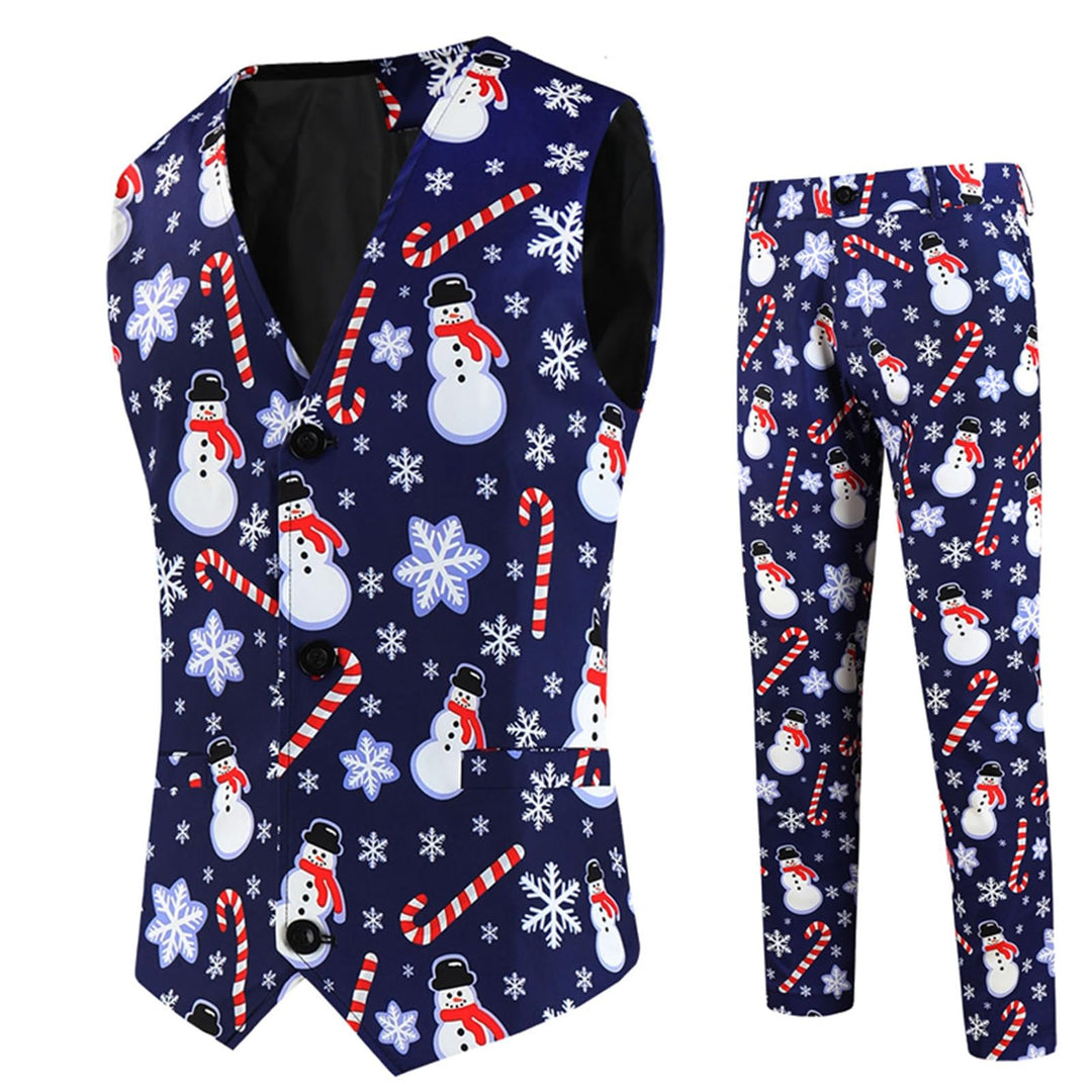 Herren Weihnachtsanzug 2Teilig Weihnachtsweste Slim Fit Button Verschiedene Weihnachtsmotiv Formal W