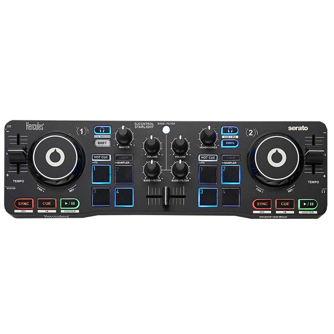 Hercules DJControl Starlight - Tragbarer 2-Deck DJ-USB-Controller mit 8 Pads, Serato DJ Lite Softwar