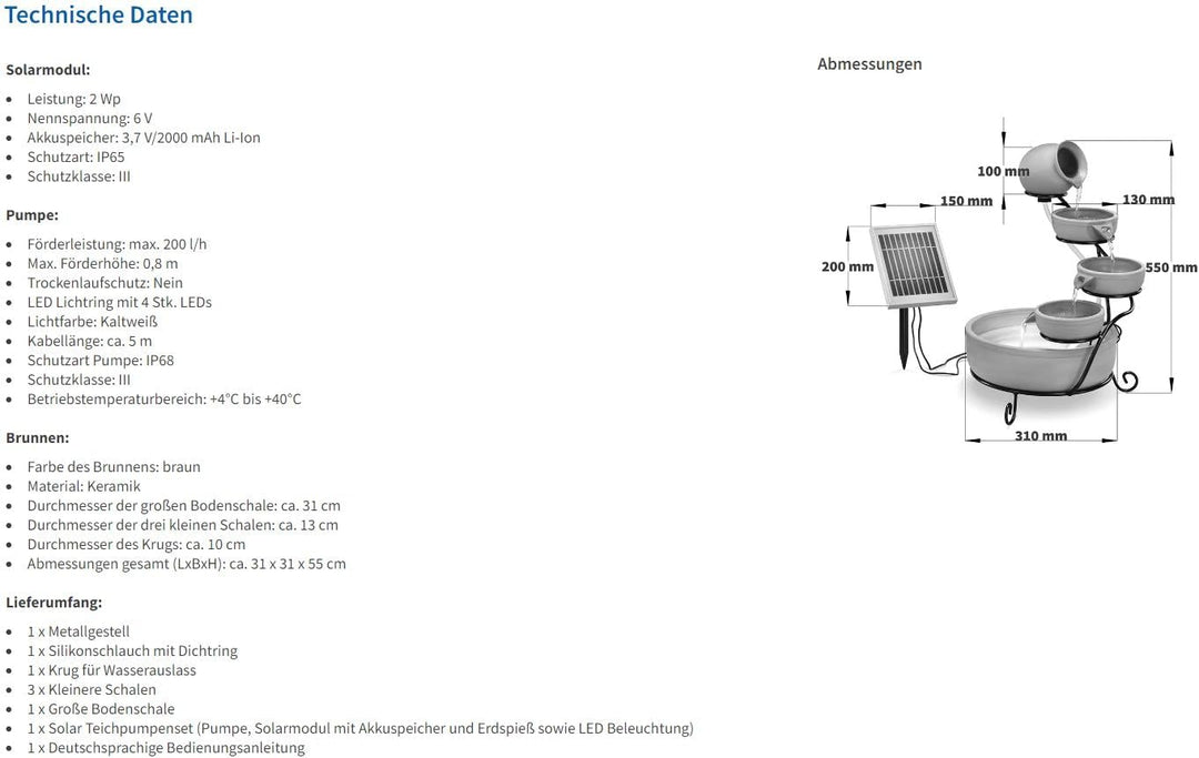 Solar Kaskadenbrunnen Terrakotta mit Akkuspeicher und LED Licht - grosses 2 Watt Solarmodul - versch