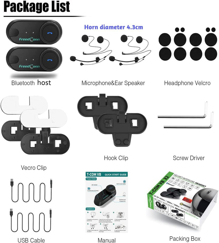 FreedConn Motorradhelm, Bluetooth, TCOMVB, Dual-Way 800M, 2 Stück Helm-Gegensprechanlage, Headsets f