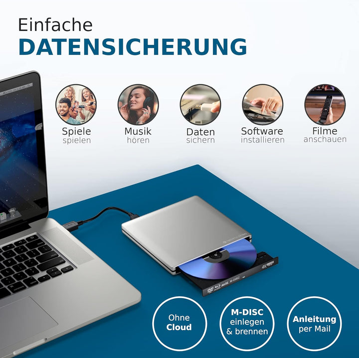 techPulse120 Externes USB 3.1 Blu-ray DVD CD USB-C UHD 4k 3D M-DISC BDXL HDR10 100GB Laufwerk Brenne