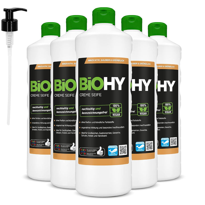 BiOHY Creme Seife (6 x 1 Liter) + Pumpspender | Hautschonende, rückfettende & geruchsneutrale Handse