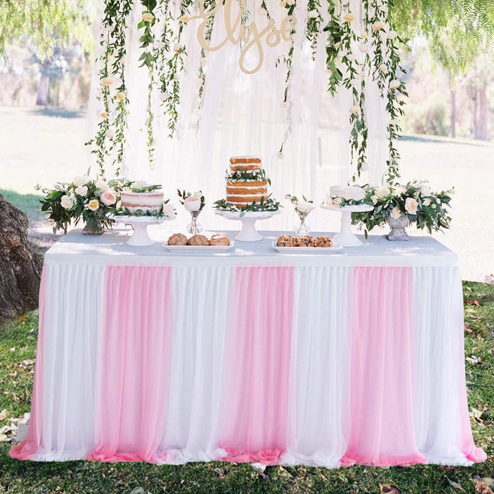 HBBMAGIC DIY Tüll Tischrock Weiss+Rosa, 183cm×76cm Party Dekoration Tüll Tischröcke für Hochzeit Geb