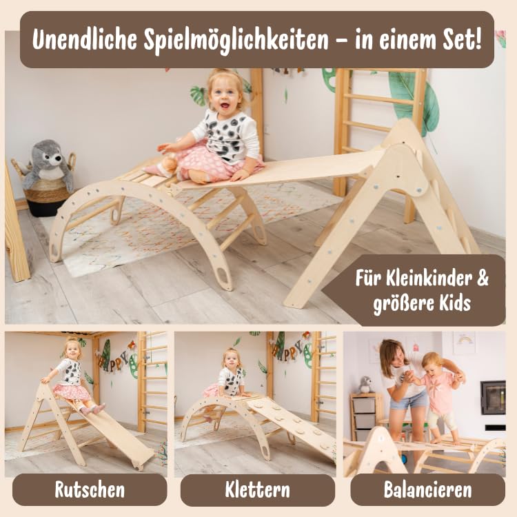 WoodsCraft 3in1 Set: Kletterdreieck mit Rutsche Indoor/Klettern Rampe & Kletterbogen mit Kissen | Ho