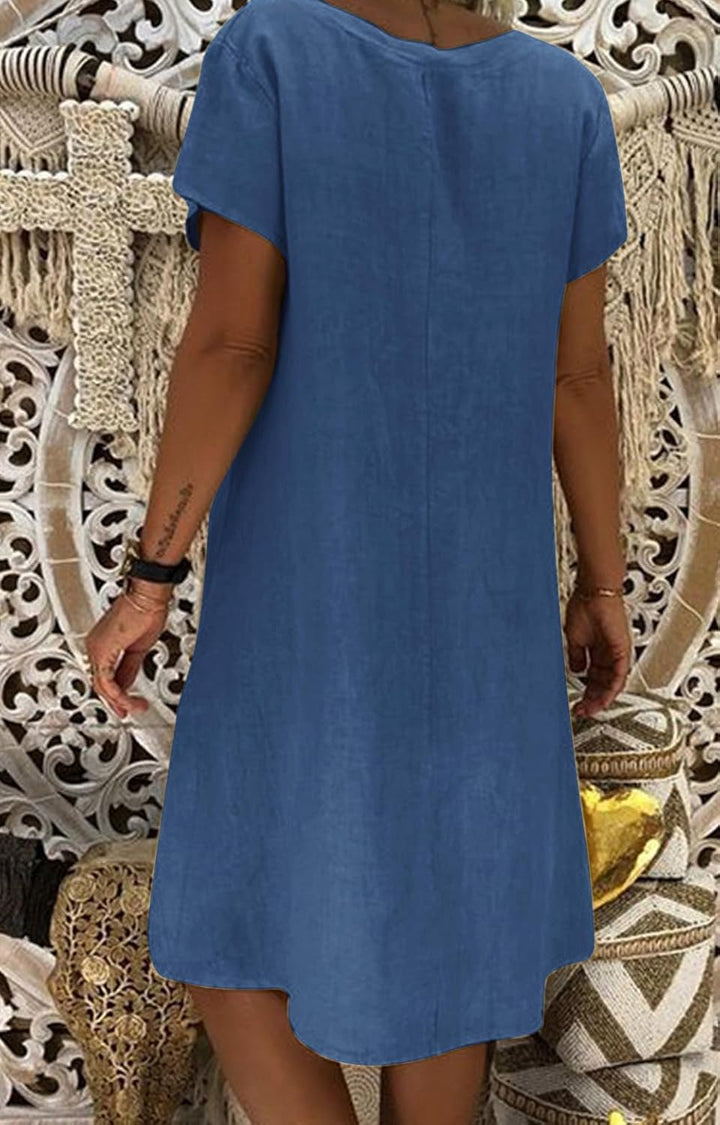 Tincini Sommerkleid Damen Leinen Kleider Casual V-Ausschnitt Midikleid Kurzarm A-Linie Kleid Strandk