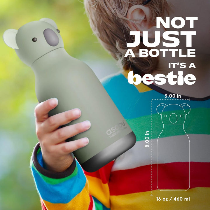 ASOBU Bestie Kindertrinkflasche mit Strohhalm – Isolierte Edelstahlflasche 420ml mit Koalakopf – Aus
