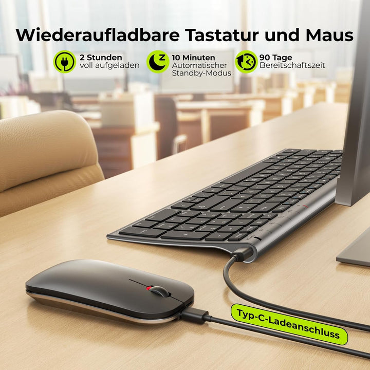 seenda Tastatur Maus Set Kabellos, Wiederaufladbare Aluminium Tastatur mit kompaktes Design, Ultradü