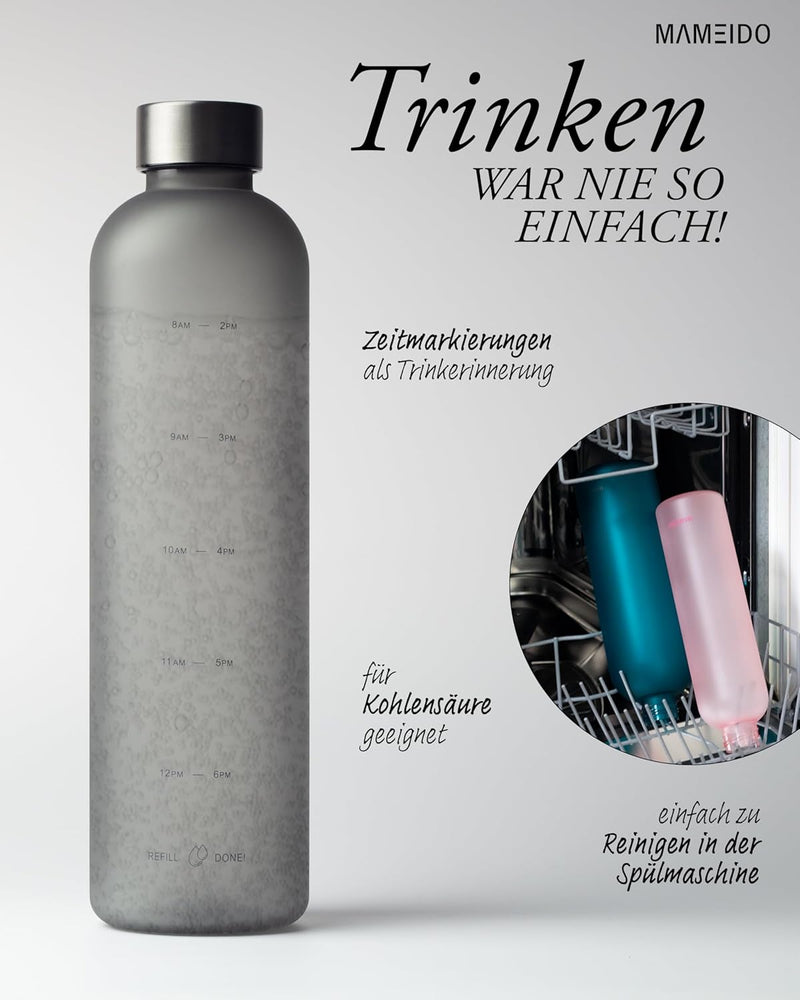 MAMEIDO Trinkflasche 1l & 1,5l Kohlensäure geeignet, auslaufsichere Trinkflasche mit Zeitmarkierung