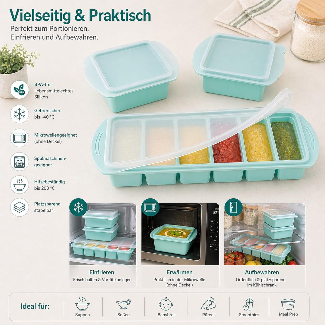 Silikon Gefrierform 3er Set mit Deckel – für Meal Prep, Suppe &amp; Sosse | 6 × 125 ml + 2 × 500 ml für