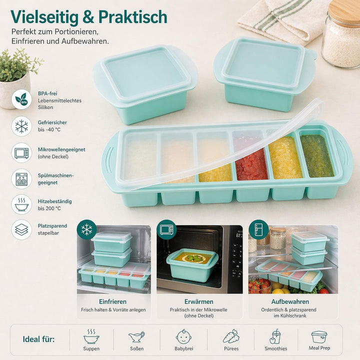 Silikon Gefrierform 3er Set mit Deckel – für Meal Prep, Suppe &amp; Sosse | 6 × 125 ml + 2 × 500 ml für