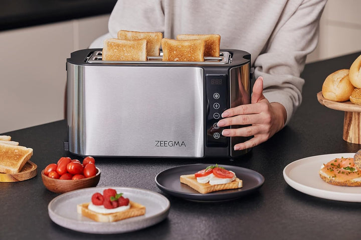 ZEEGMA TOSTEE CHEF 4-Scheiben-Edelstahl-Brottoaster, Brötchenhalter, 1500 W, Auftauen, Aufwärmen & S