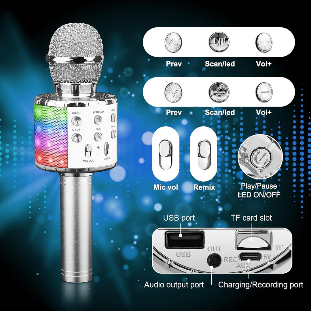 ShinePick Mikrofon Kinder Bluetooth, 4-in-1 Drahtloses Karaoke Mikrofon, Tragbare LED Microphone Spi