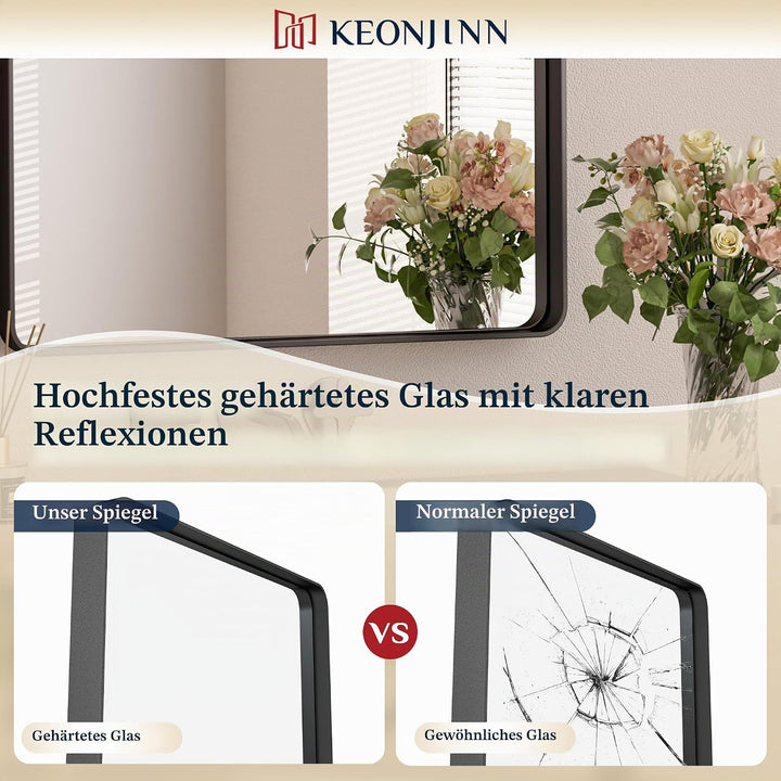 Keonjinn Wand Spiegel Schwarz 106x90cm, Badezimmerspiegel Badspiegel mit Metallrahmen, Gehärtetes Gl