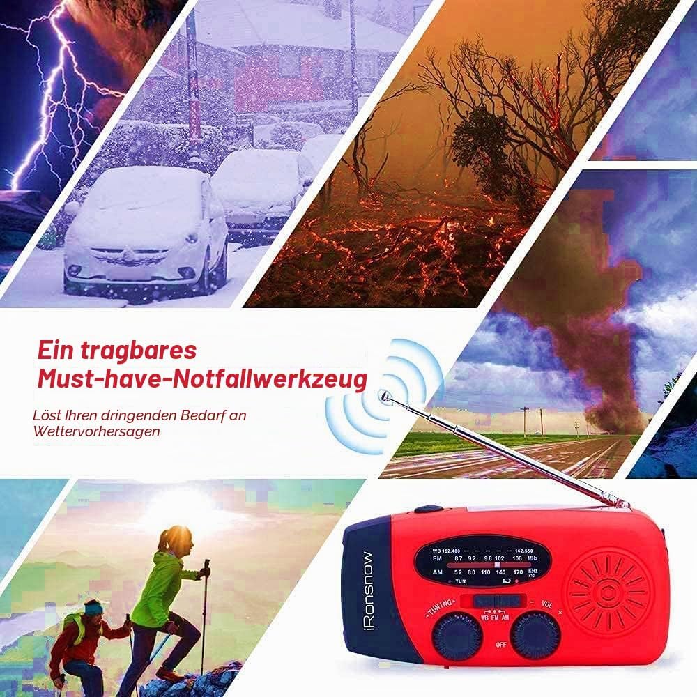 iRonsnow Notfall-Solarradio, Tragbare Kurbelradio mit LED-Taschenlampe, SOS-Alarm, AM/FM/WB Solar No
