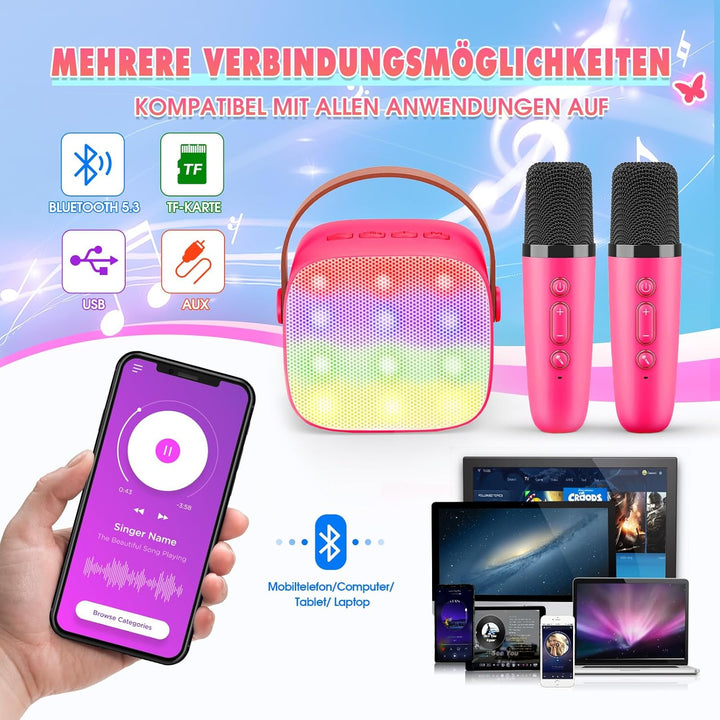 Dislocati Tragbarer Karaoke Maschine mit 2 Bluetooth Mikrofon, Kinder Geschenke Spielzeug für 3-12 J