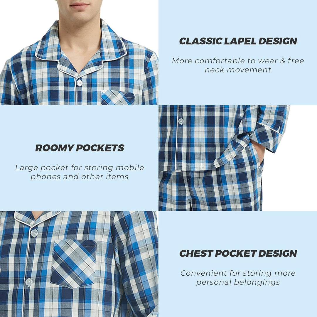 Vulcanodon Pyjama Herren 100% Baumwolle Schlafanzug lang Set kariert mit Knopfleiste weiche Nachtwäs