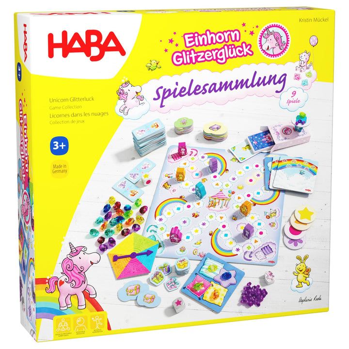 HABA Einhorn Glitzerglück Spielesammlung – 9 in 1 Spiele Set: Würfel-, Brett- & Kartenspiele für Kin