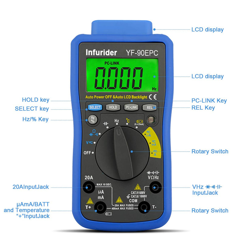 INFURIDER Digital Multimeter,4000 zählt Auto-Ranging YF-90EPC Voltmeter Amperemeter für AC/DC Spannu